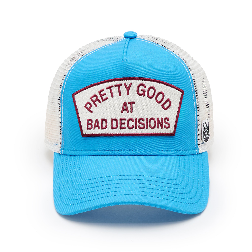 Cult's Logo Mesh Back Trucker Hat "Good At Bad Decisions" in Rhubarb